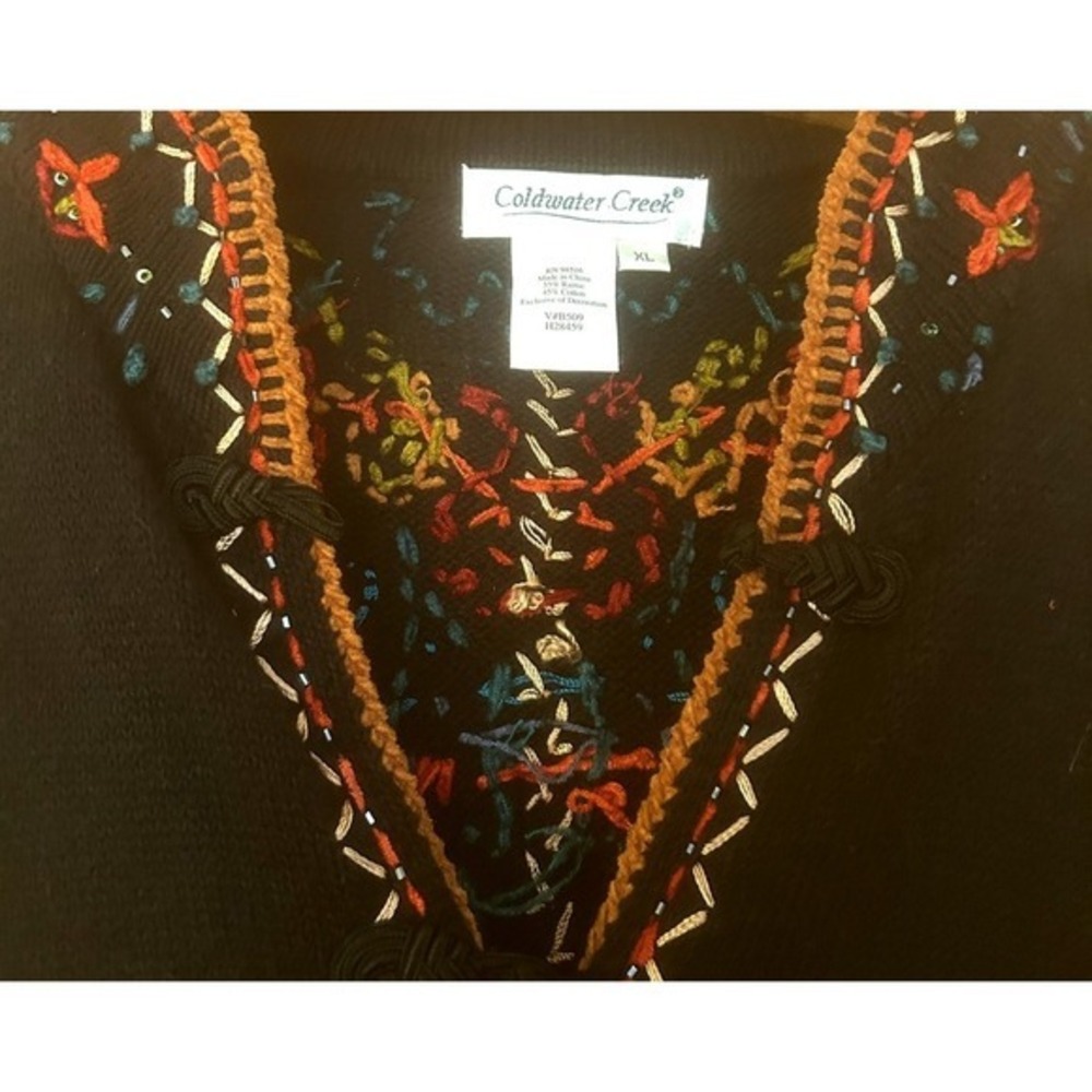 Coldwater Creek Cardigan Duster XL Black Embroidered Beaded Artsy Boho Eclectic - Picture 2 of 9